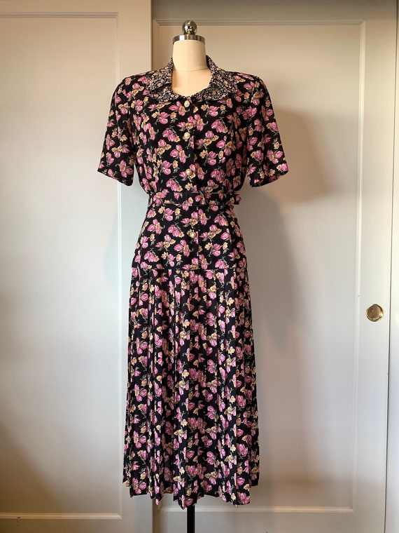 Vintage 80's Ms Chaus Pink and Black Floral Drop W
