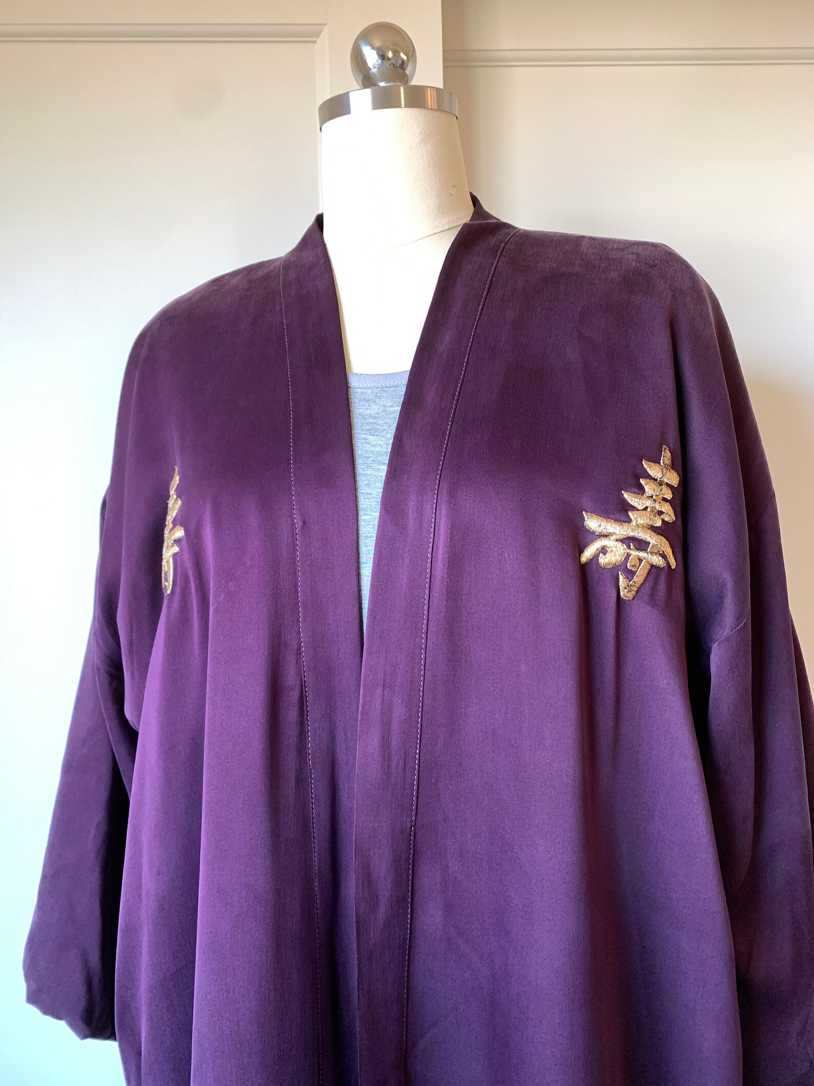 Elegant Deep Purple Silk Kimono With Gold Embroidery and Red Silk