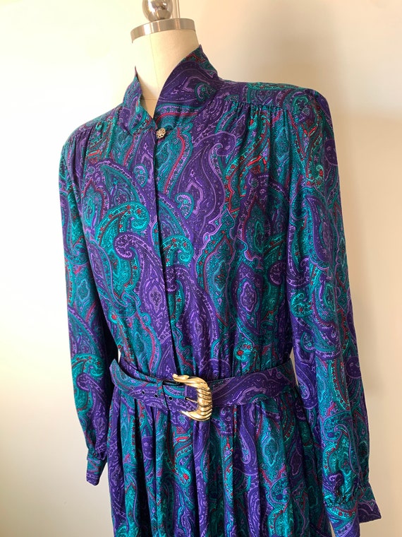 80's Don Elliot Purple and Green Paisley Shirtwai… - image 5