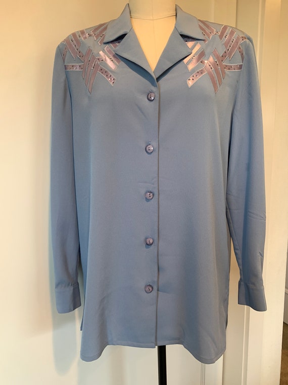 80's Philippe Marques Blue Blouse with Abstract A… - image 2