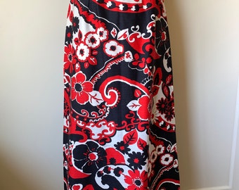 60's Vintage Red, Black and White Flower Power Maxi Skirt with Matching Belt