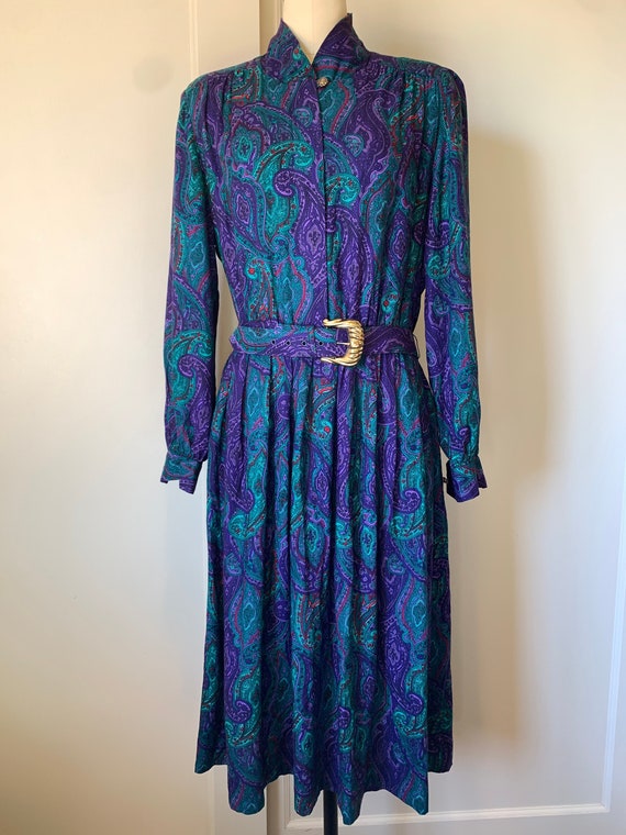 80's Don Elliot Purple and Green Paisley Shirtwai… - image 1