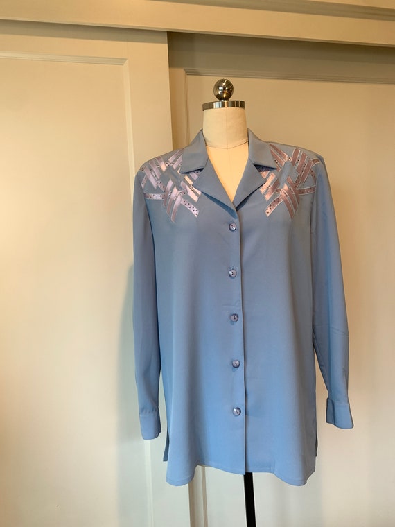 80's Philippe Marques Blue Blouse with Abstract A… - image 4