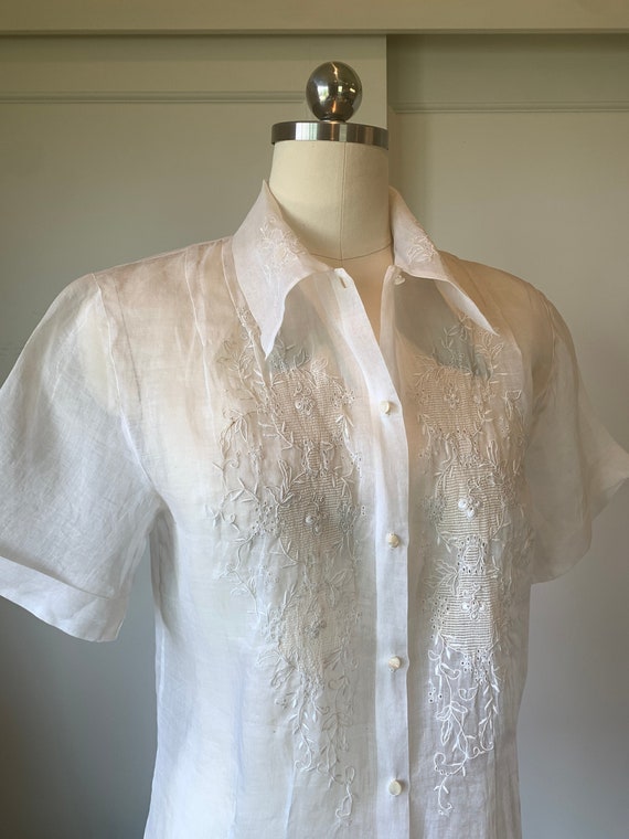 Vintage Sheer White Embroidered Organza Blouse