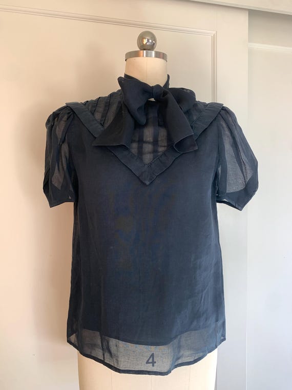 Vintage 80’s Albert Nipon Navy Sheer Puff Sleeve … - image 1
