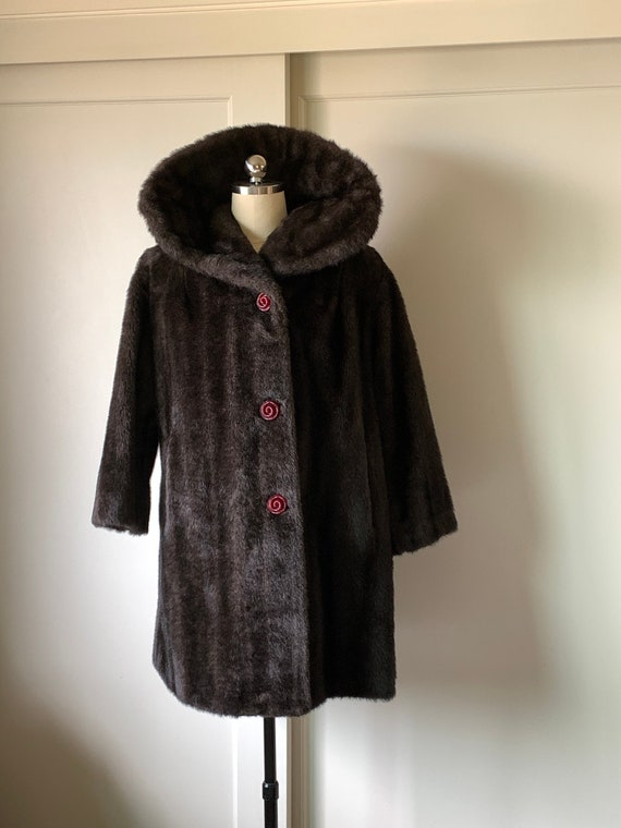 1950's Vintage Faux Fur Dark Brown Coat with Wire… - image 1