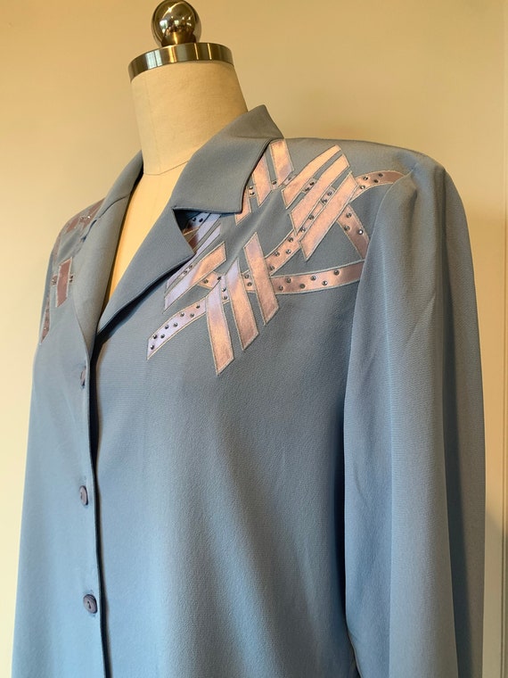 80's Philippe Marques Blue Blouse with Abstract A… - image 1