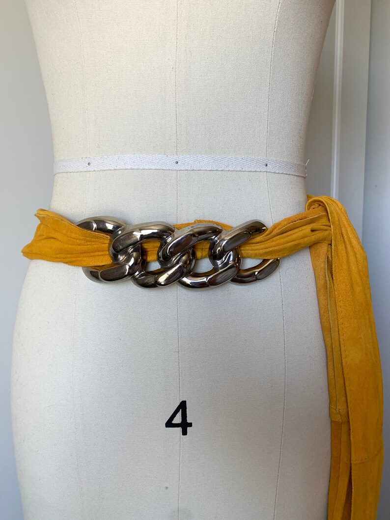 1986 Concorde Chunky Metal Belt with Marigold Suede Sash Tie Retro Vintage