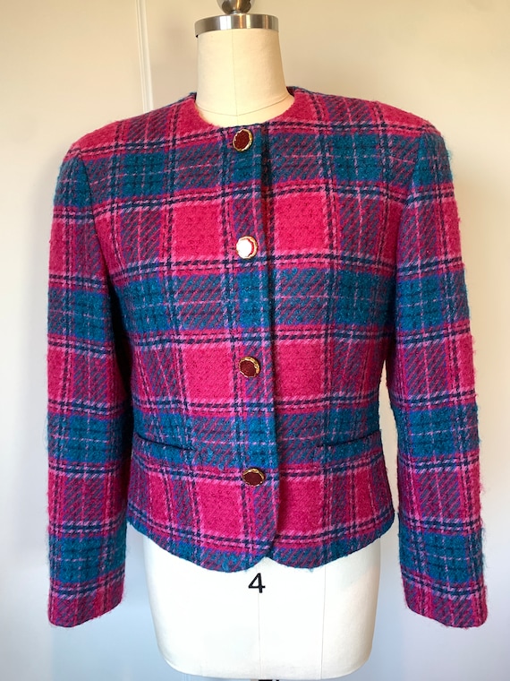Vintage 80's Pendleton Raspberry and Green Plaid … - image 3