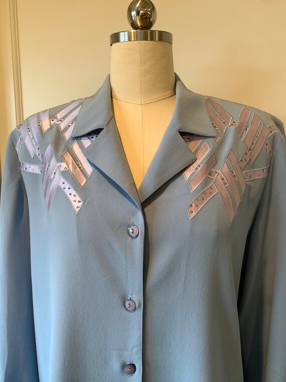 80's Philippe Marques Blue Blouse with Abstract A… - image 6