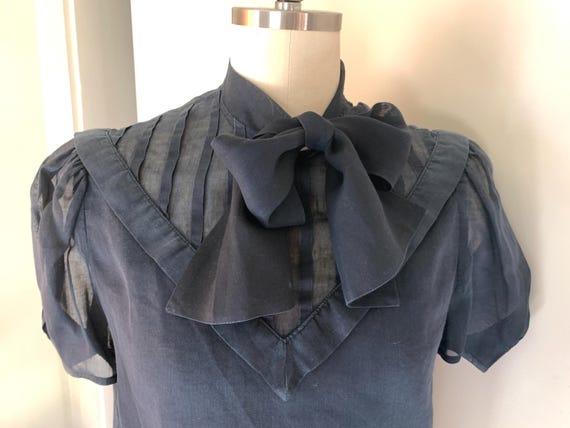 Vintage 80’s Albert Nipon Navy Sheer Puff Sleeve … - image 2