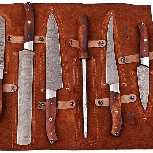 Custom shops Handmade Damascus 6 pcs professional knives set with leather cover