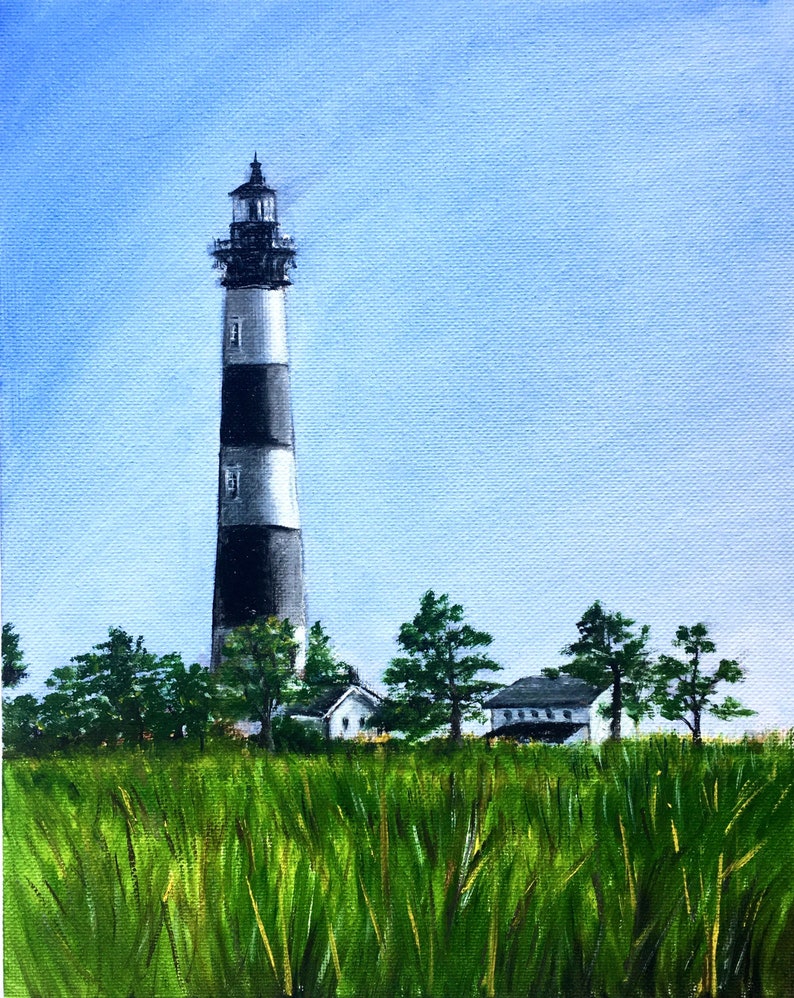 Original oil painting feature Bodie Island shops Lighthouse, Outer Banks North Carolina Beach front on 8x10 canvas board