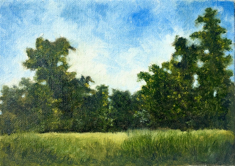 the edges and the blue sky on 5x7 canvas board Original Oil Painting feature trees A hiking memory on Shenandoah National Park