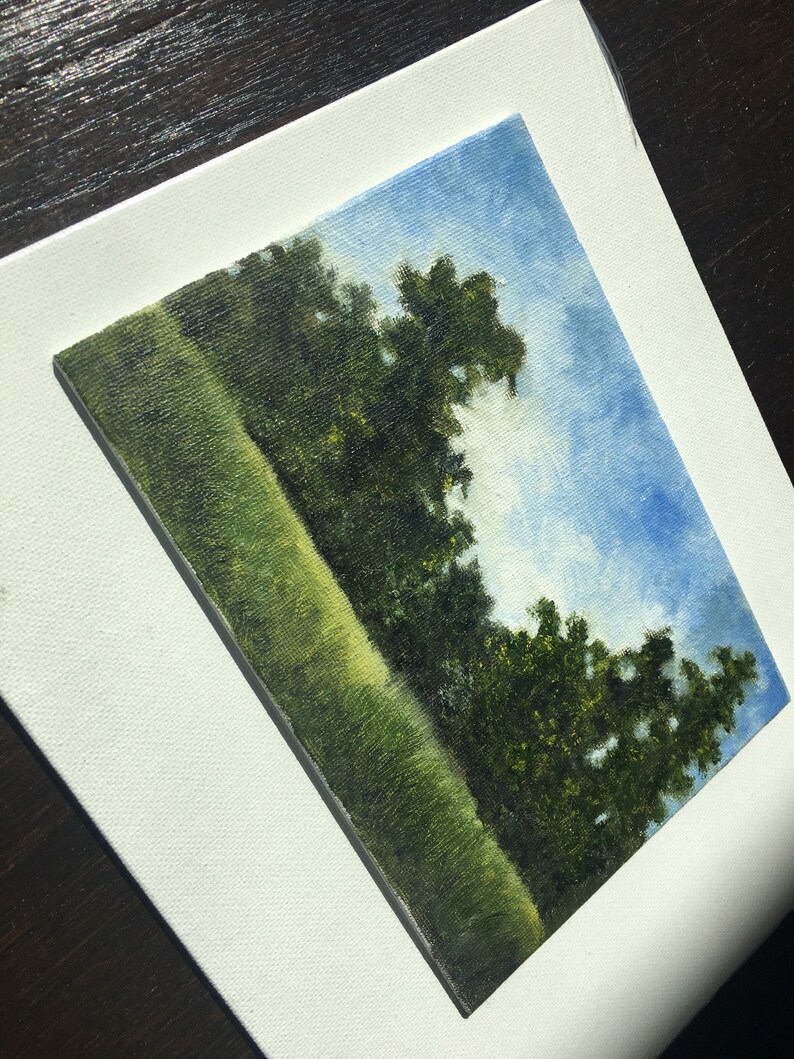 the edges and the blue sky on 5x7 canvas board Original Oil Painting feature trees A hiking memory on Shenandoah National Park