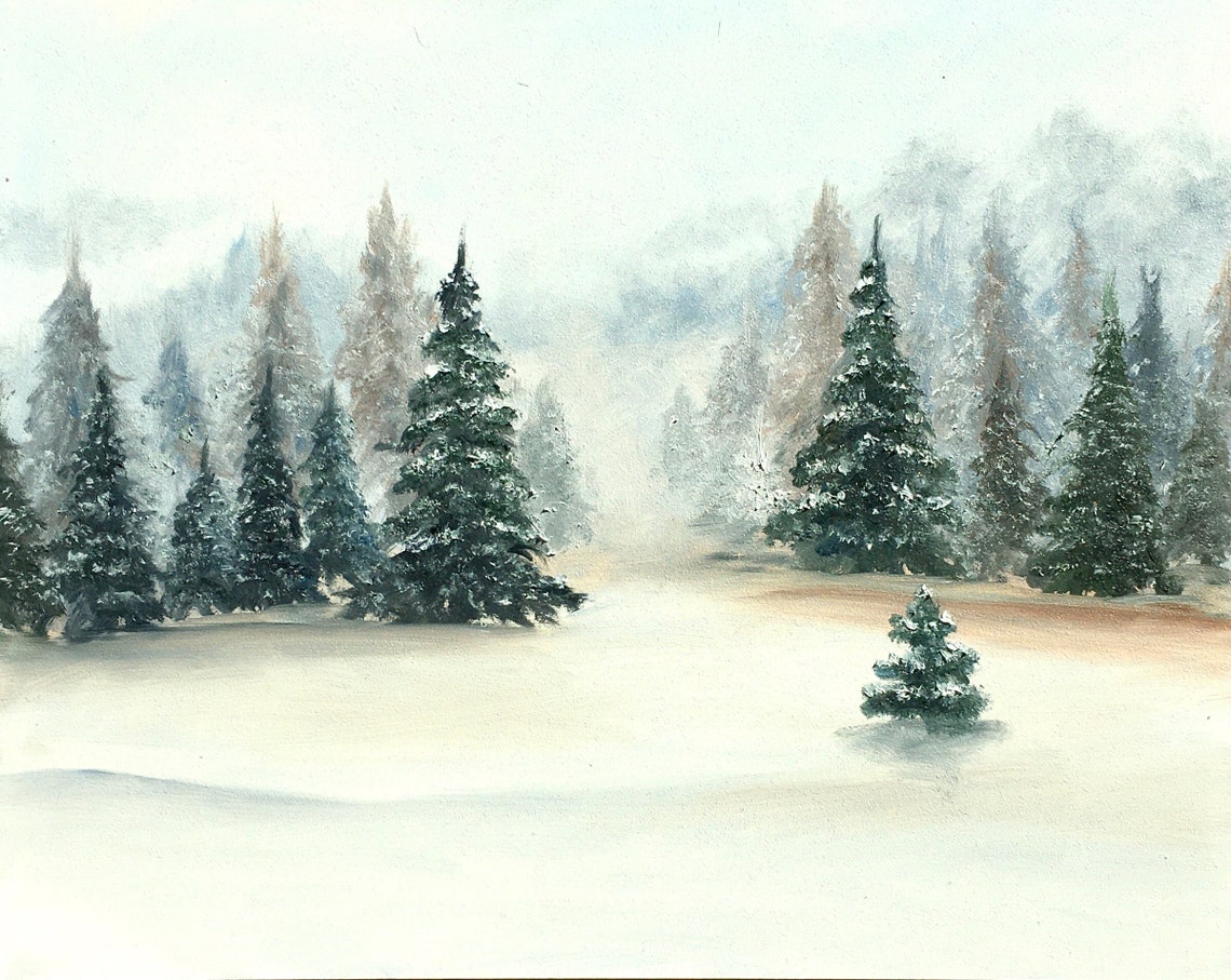 Original Oil Painting Feature Winter Snow Scene With Pine Tree Etsy