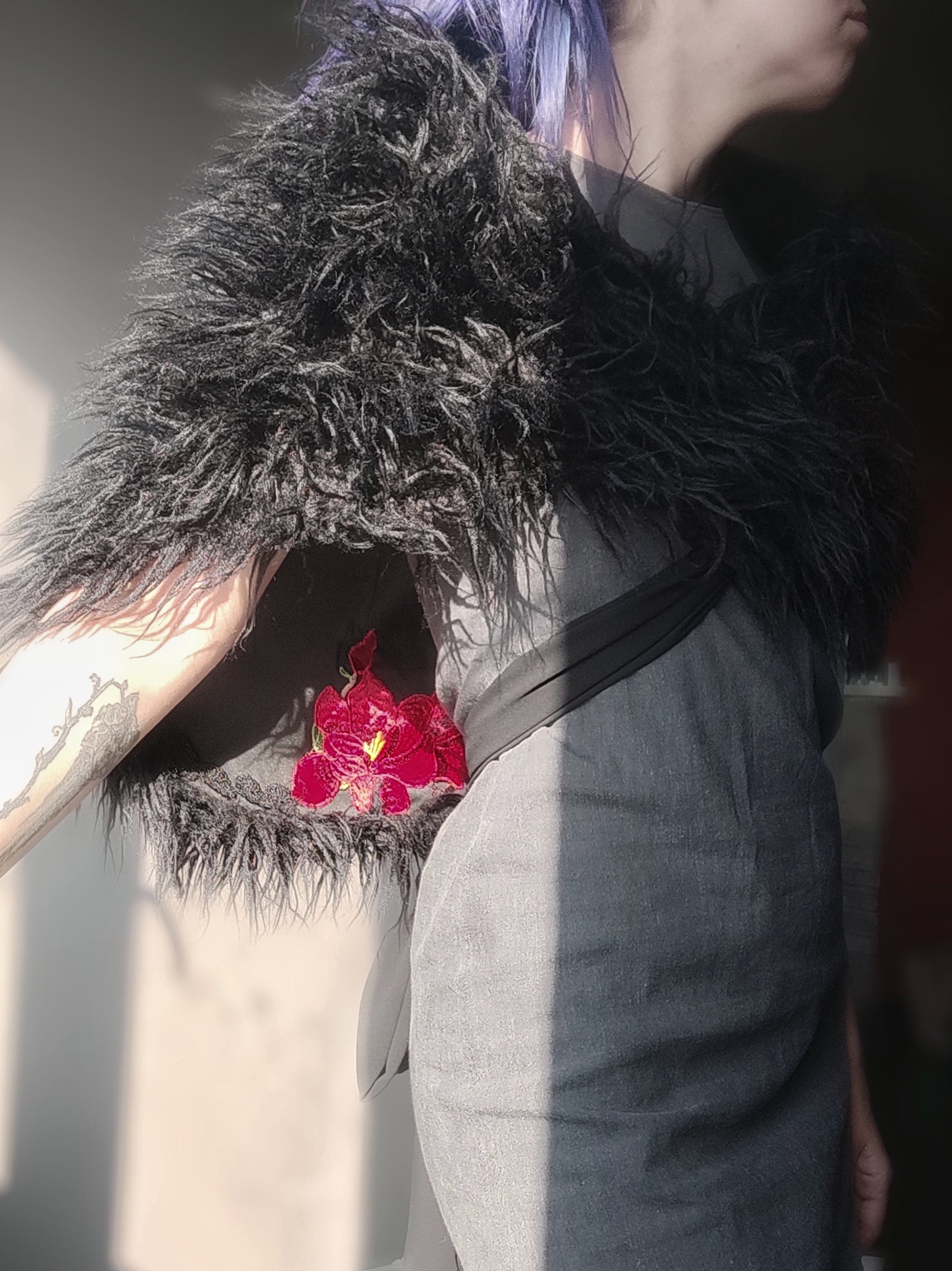 Black faux fur shoulder wrap with satin lining lace Etsy