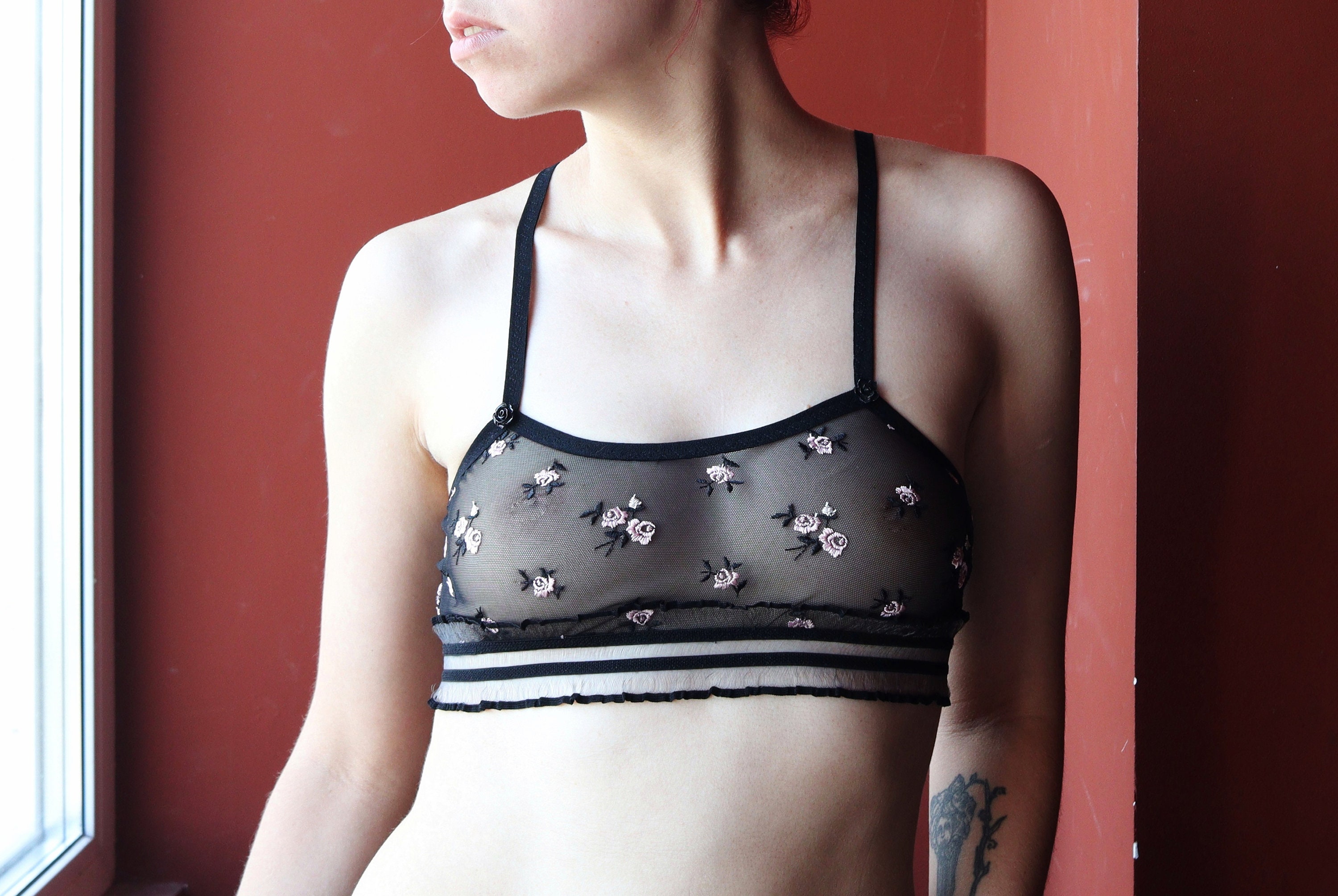 Embroidered Mesh Soft Bralette With Roses Gothic