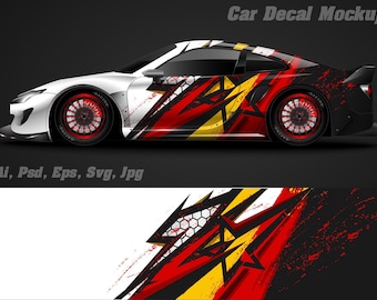 Fundo para design de envelopamento de carro esportivo | Envelopamento de veículo | Mockup gráfico de envelopamento de carro | Editável em Ai, PSD, EPS, PDF e JPG | Gráfico vetorial de carro