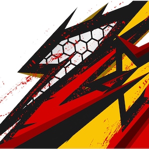 May include: Abstract geometric design with black, red, and yellow shapes. The design features a star shape and a honeycomb pattern.