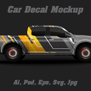May include: A grey pickup truck with a yellow and black graphic design decal. The decal features geometric shapes and lines. The truck is on a black background. Ai, Psd, Eps, Svg, Jpg