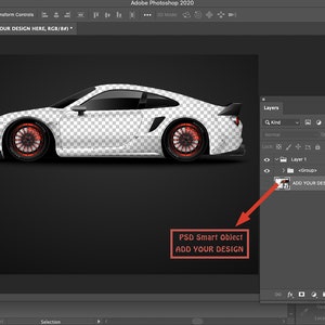 May include: A white sports car with red accents on the wheels. The car is a Photoshop smart object, allowing you to add your own design to the car.