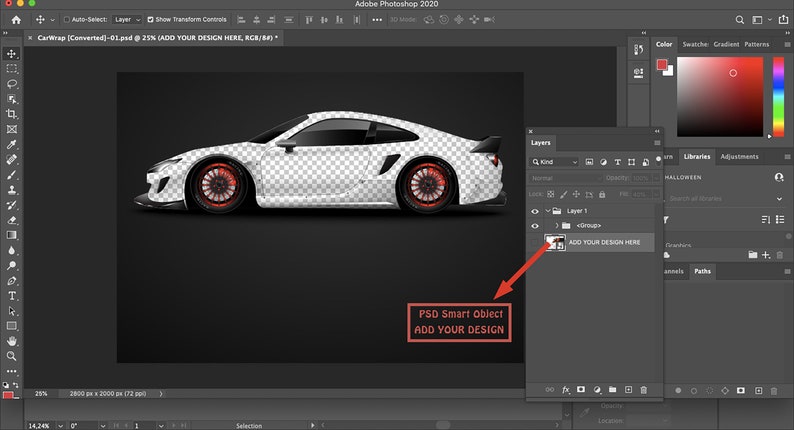 May include: A white sports car with red accents on the wheels. The car is a Photoshop smart object, allowing you to add your own design to the car.