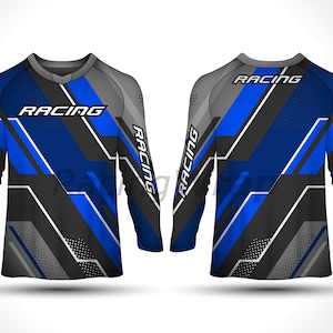 May include: A long-sleeved shirt with a black, grey, and blue geometric design. The shirt has the word "RACING" printed on the front and sleeves.