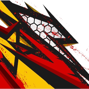May include: Abstract geometric design with black, red, and yellow shapes. The design features a star, a honeycomb pattern, and a grunge effect.