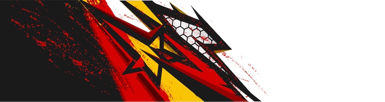 May include: Abstract geometric design with black, red, and yellow shapes. The design features a star, a honeycomb pattern, and a grunge effect.