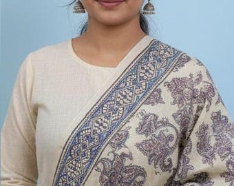 Estola de algodón Kalamkari hecha a mano – Estampado tribal paisley índigo