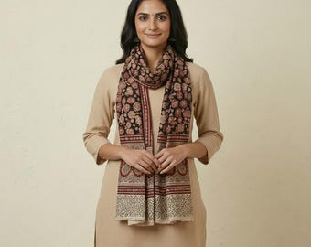 Midnight Bloom Kalamkari Stole - Black & Rust Hand Block Print (120 x 185 cm)