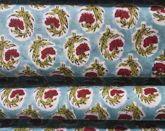 Aqua Blue Bagru Handblock Printed Cotton Fabric – Red Floral Jaal Pattern