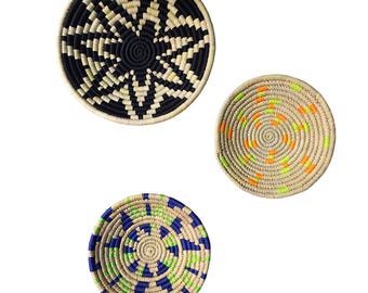 Set of Three Handwoven Boho Wall Baskets – Vibrant Tribal Pattern Home Decor