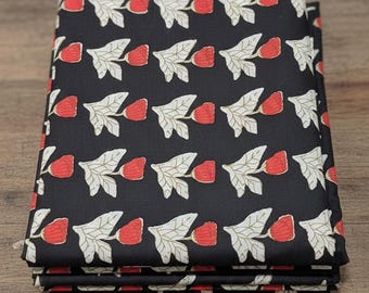 Bagru Midnight Floral Cotton Fabric - Red & Cream Botanical Print