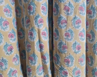 Handblock Floral Print Cotton Fabric – Blue Base with Pink & Green Botanical Motifs