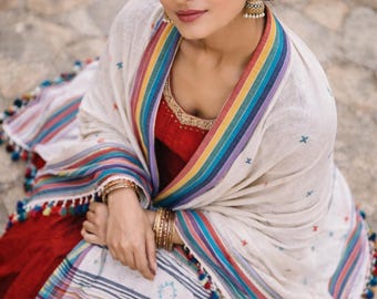 Handwoven Kala Cotton Dupatta | Kutch Embroidered Indian Scarf