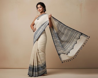 Kala Cotton Bhujodi Handloom Saree with Traditional Embroidery & Matching Blouse Piece