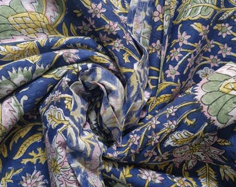 Indigo Blue Bagru Handblock Printed Cotton Fabric – Pastel Floral Jaal Design