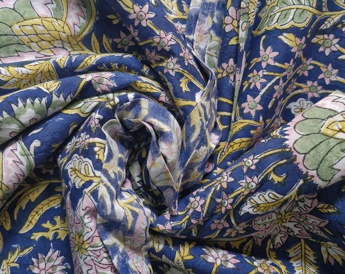 Featured listing image: Indigo Blue Bagru Handblock Printed Cotton Fabric – Pastel Floral Jaal Design