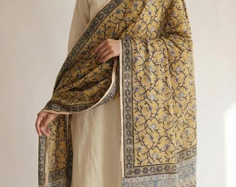 Mustard Yellow & Indigo Hand Block Printed Kalamkari Cotton Dupatta