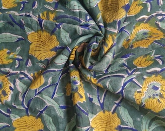 Handmade Bagru Print Textile – Botanical Yellow Floral Cotton Material