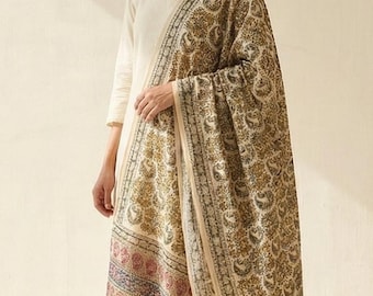 Golden Ochre Floral Vine Kalamkari Hand-Block Printed Cotton Dupatta