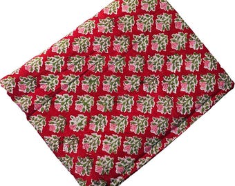 Handblock Printed Bagru Cotton Fabric – Green Floral Print Textile by the Yard