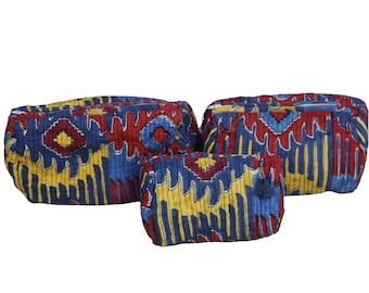 Hand Block Print Toiletry Bag Set, Quilted Travel Pouch