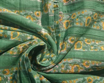 Handblock Printed Bagru Cotton Fabric – Green Floral Print Textile by the Yard