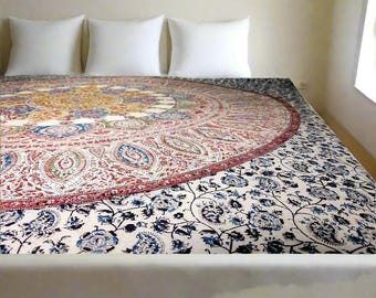 Kalamkari Block Printed Cotton Bedsheet with Floral and Traditional Motifs – 238 x 238 cm