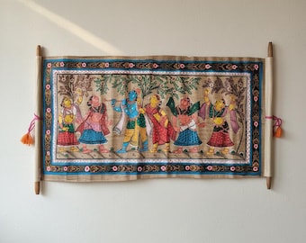 Krishna With the Gopis – Traditional Patta chitra Scroll Tussar Hand Painting