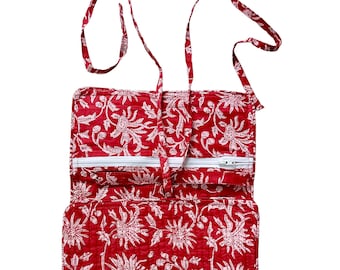 Handmade Red Floral Block Print Quilted Utility Pouch