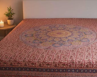 Kalamkari Block Printed Cotton Bedsheet with Floral and Traditional Motifs